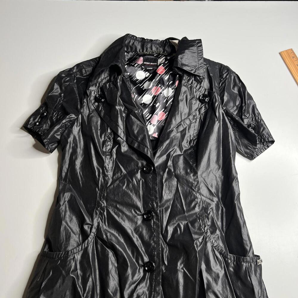Miss Sixty Shiny Trench Coat Womens Large Black Short Sleeve Lined Button Front